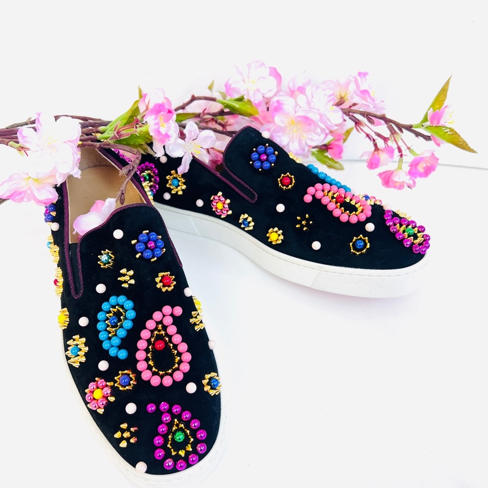CHRISTIAN LOUBOUTIN Velvet Beaded Candy Boat Flats 38 Black